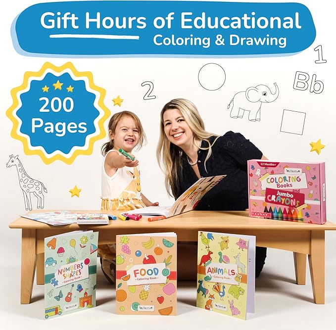 TOYVENTIVE Toddler Coloring Books & Crayons, Toys & Birthday Gifts for 1+,2,3,4 Years Old Girls, Toddlers & Preschoolers Ages One,Two,Three,Four year olds