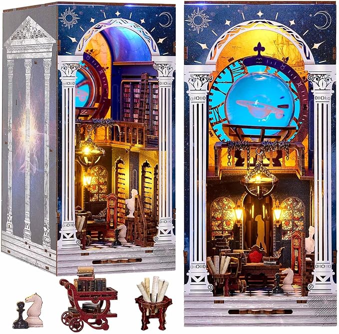 Book Nook Kit - Secret of The Galaxy, DIY Booknook Kit for Adults, 3D Wooden Puzzle Bookshelf Insert Decor with LED Lights, Craft Gift for Teens Family Friends