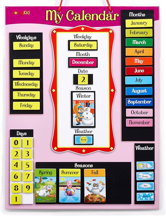ZazzyKid Magnetic Calendar & Weather Chart for Kids - Preschool Daily Calendar Learning for Days of the Week, Months, Weather & Season Pink