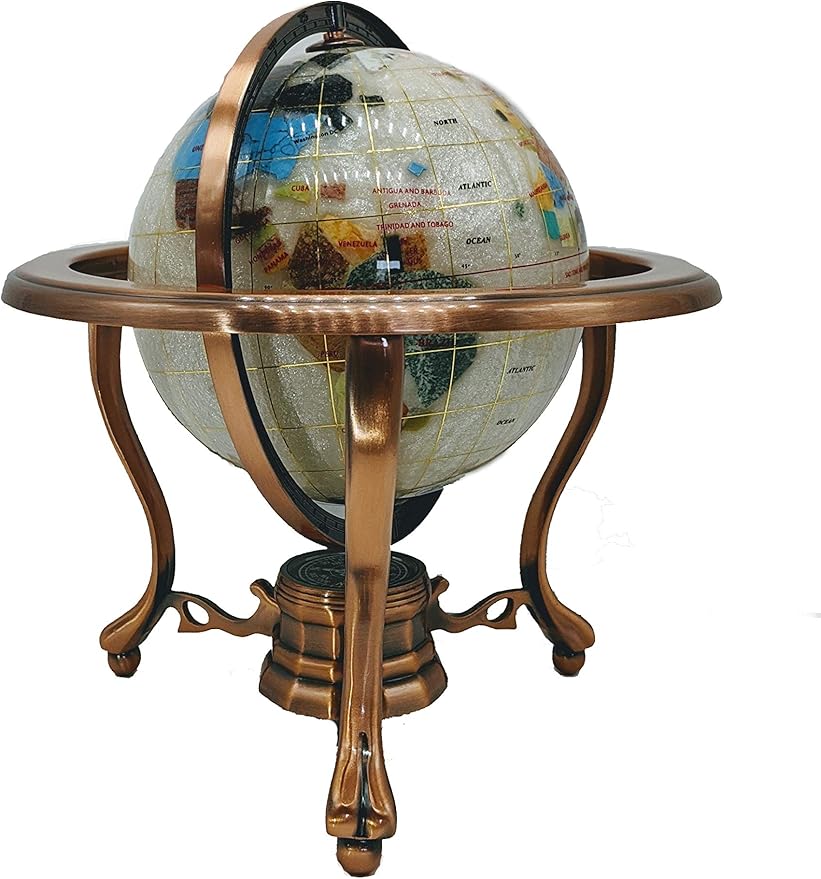 Unique Art 10-Inch Tall Table Top Pearl Ocean Gemstone World Globe with Copper Tripod Stand (150 GT Pearl Copper)