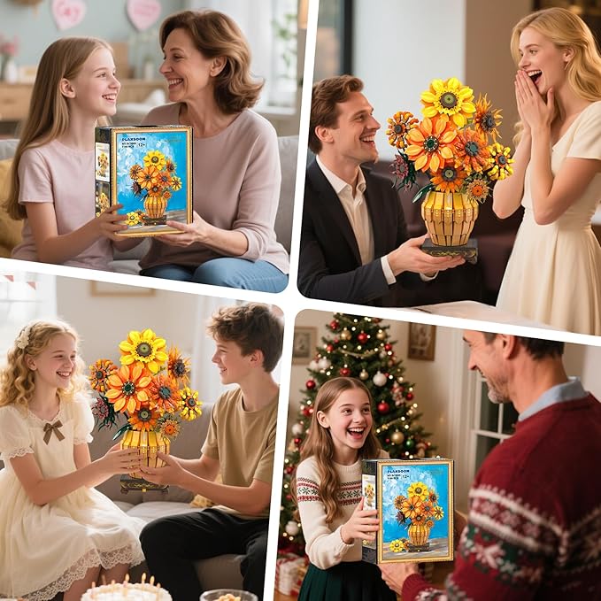 Sunflower Building Set with Lights Vase Base, Flowers Botanical Collection Building Block Home Decor, 1180PCS Art Flower Bouquet Bonsai Plant Building Kit Gift for Adults Teens Girls Boys 12+