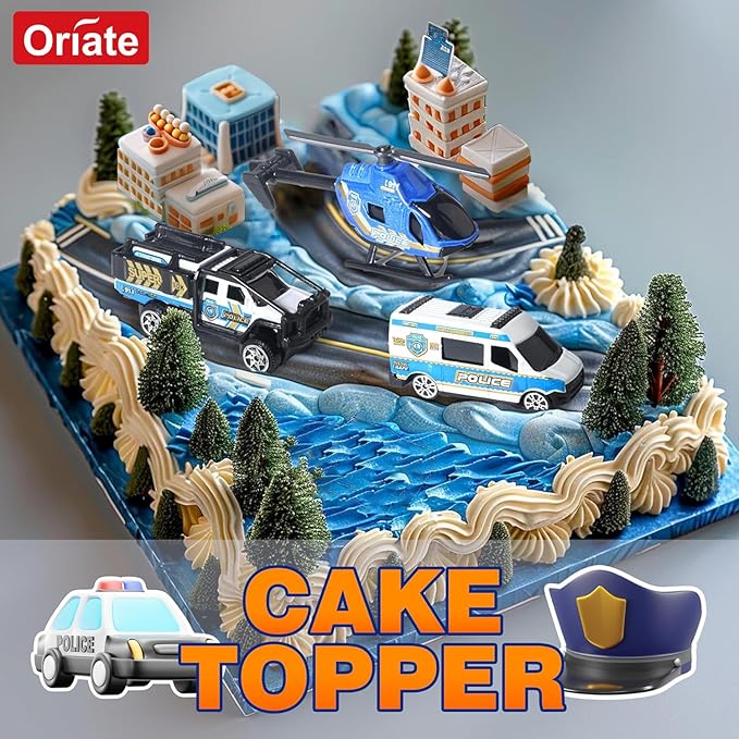 Oriate Diecast Police Rescue City S.W.A.T. Car Toys Set w/Heavy Duty Trailer Patrol, 13PCS Alloy Mini Police Vehicles Transport Trailer, Road Signs and Birthday Cake Topper Stickers for Kids