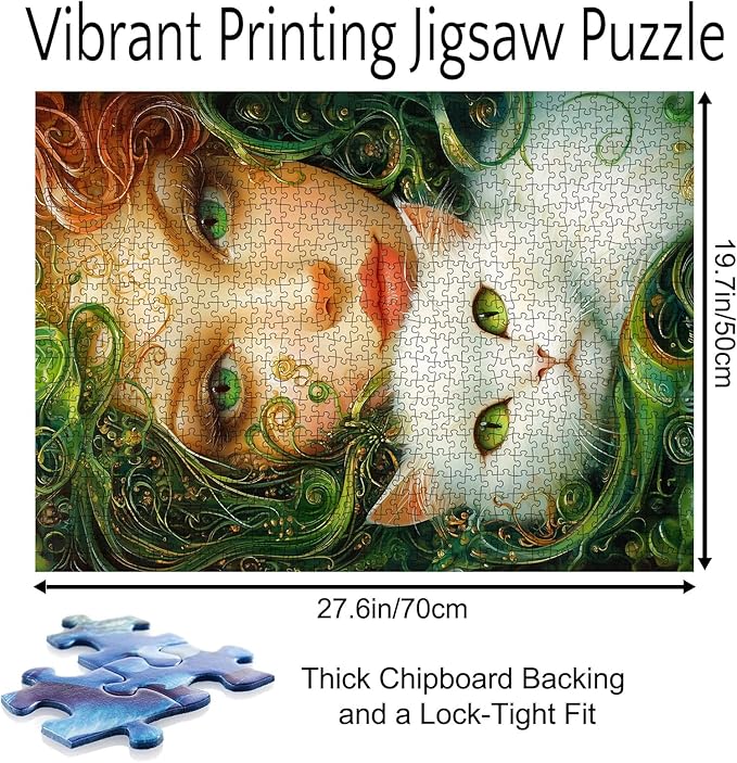 Fantasy Women and White Cat Puzzles for Adults 1000 Pieces Jigsaw Puzzle Green Hair Girl Puzzles Art Challenge Family Game, Kitten Adult Puzzle