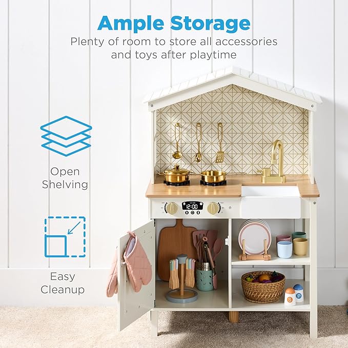 Best Choice Products Pretend Play Wooden Farmhouse Kitchen Set for Kids w/Toy Storage, Clicking Knobs, Windows, 5 Accessories Included - Cream