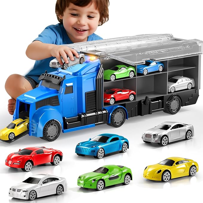 Racing Trucks Toy Set with Play Mat, Carrier Truck Play Vehicles Set for 3 4 5 6 Years Old Boys Kids, Die-Cast Car Toy for Toddlers 3-4 Years, Birthday Gifts Toys for 3-9 Year Old Boys