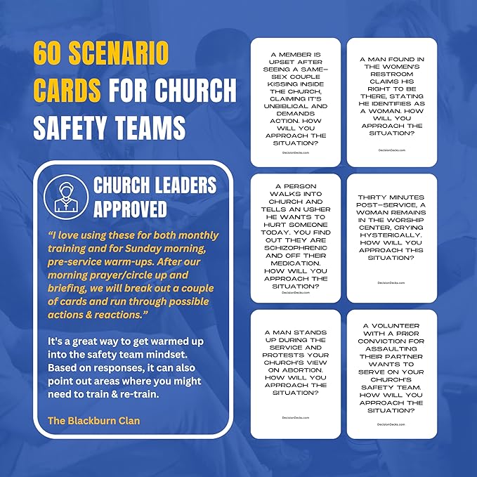 Church Safety and Security Decision Decks | 60 Conflict De-Escalation Scenario Cards for Church Safety Team Training, Leadership Communication, and Faith-Based Conflict Resolution