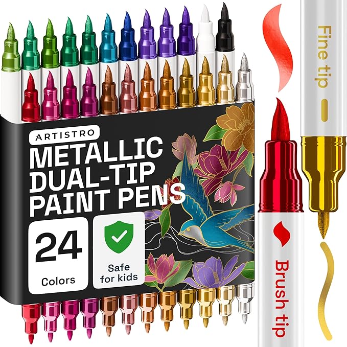 ARTISTRO 24 Metallic Dual Tip Brush + Fine Acrylic Paint Pens Ideal for Calligraphy - Paint Markers for Fabric, Rock, Glass, DIY - Stocking Stuffers, Christmas Gift Idea for Teens, Grandkids, Kids