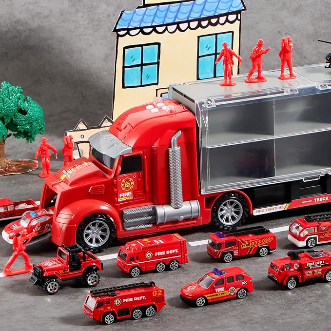 JOYIN 25 in 1 Fire Truck Vehicle Toy Set with Sounds and Lights, Fire Engine Vehicles in Carrier Truck, Mini Rescue Emergency Car Toy, Christmas Birthday Gifts for Over 3 Years Old Boys