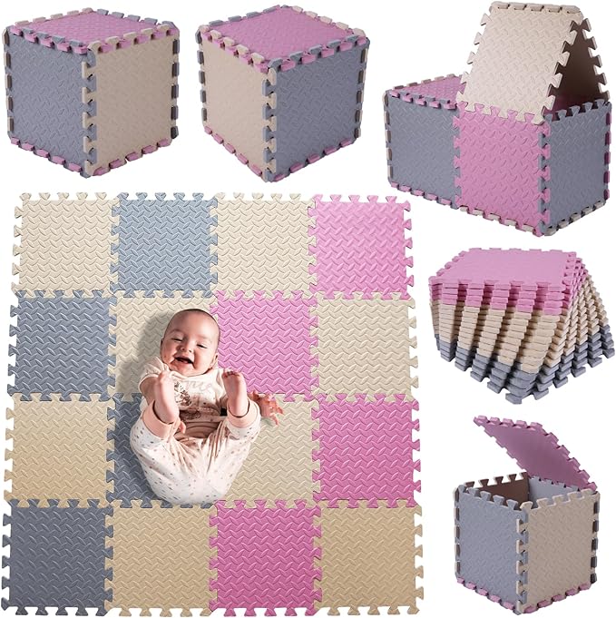 Foam Floor Mat, Solid Colored Play Mat, Non-Toxic Interlocking Foam Puzzle Floor Mats, 0.4" Thick Square Kids Playmat丨47x47 Play Mat for Playpen (Beige/Gray/Pink)