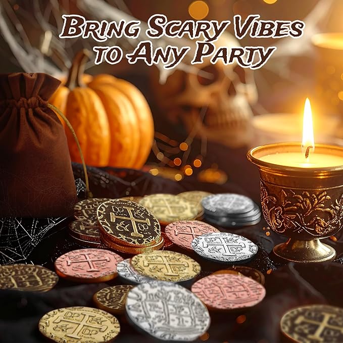 Large Metal Pirate Coins - 100 Gold Treasure Coin Set, Metal Replica Spanish Doubloons for Pirate Party Decorations & Favors, Tokens, Toys, Cosplay - Pirate Treasure Chest, Size 1.18"