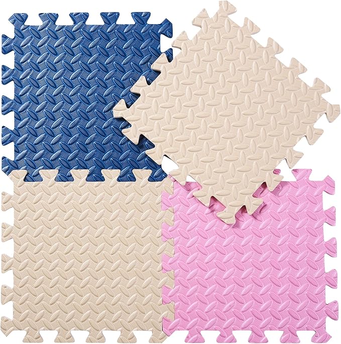 Foam Floor Mats for Kids, 12 x 12 Inch 16 Tiles 0.4" thickness Foam Play Mat, Non-Toxic Square Interlocking Floor Mats Rubber Baby Play Mat for Toddlers(Beige/Dark Blue/Pink)