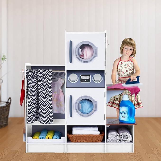 Lil’ Jumbl Kids Washer and Dryer Playset, Wooden Children's Pretend Laundry Set, Includes Broom, Dustpan, Iron, Hangers & Basket, Realistic Laundry Room for Kids - White
