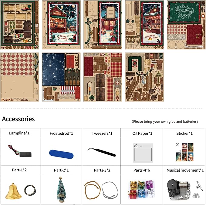 Christmas Shop,Book Nook Kit for Adults: Wooden 3D Puzzle DIY Miniature House Kit Tiny House with Lights and Music，Dollhouse Craft for Adults, Teens & Beginners，Gift for Family, Friends