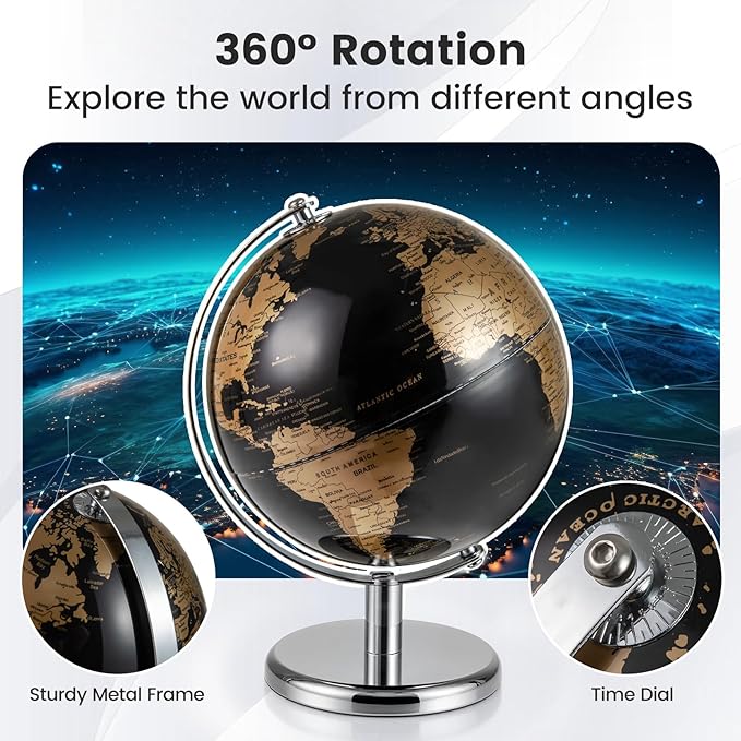 Goplus 8-Inch Metallic Black World Globe, Rotating Earth Globe w/Metal Stand, Modern Desktop Decoration for Home, Office (Black + Gold)