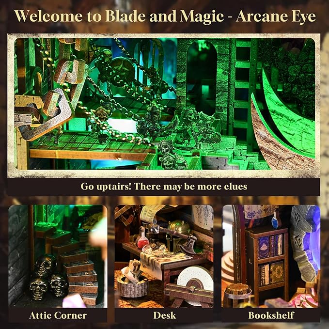 Book Nook Kit, DIY Miniature Dollhouse Booknook Kit, 3D Wooden Puzzle Bookend Bookshelf with LED Light for Adults Teens (Blade and Magic)