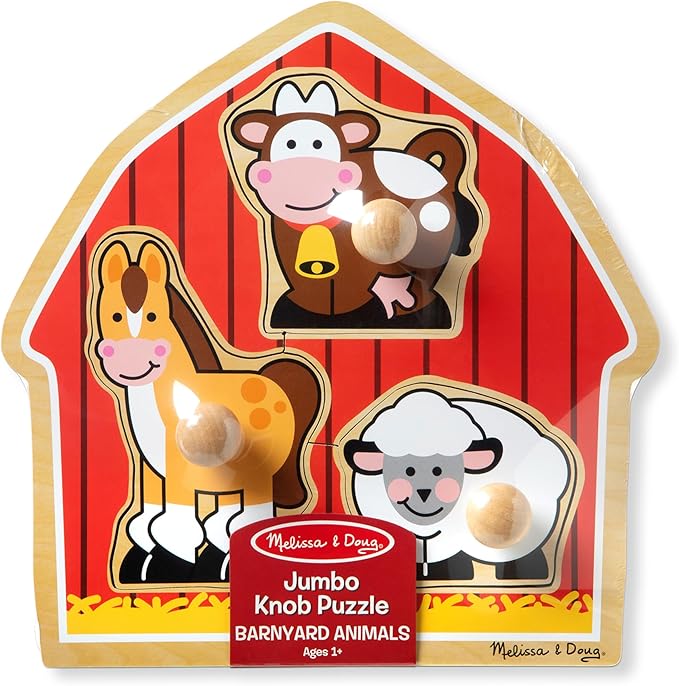Melissa & Doug Barnyard Animals Jumbo Knob Puzzle, Wooden Peg Puzzle for Toddlers, Educational Toy for Shape Recognition and Fine Motor Skills, Ages 1+