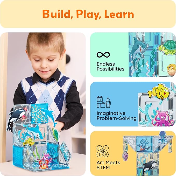 PicassoTiles 26pcs Magnetic Tiles Magnet Tile Building Blocks Marine Animal World Themed Set with 8 Ocean Character Action Figures STEM Learning Toy Construction Toddlers Boys Girls Ages 3+ PTQ25