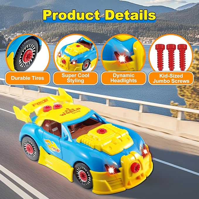 Construction Toys for Boys Age 3-8, Take Apart Toy Car Racing, 30 Pieces Building Toys with Electric Drill, Build Your Own Car with Realistic Sounds & Lights, STEM Gifts Kids (4 Spare Screws)