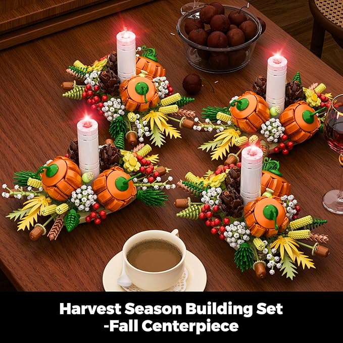 Fall Harvest Building Blocks Set – DIY Autumn Dinner Table Centerpiece Decor with White Candle, Pumpkin, Pinecones, Berries, Wheat, Thanksgiving, Halloween and Christmas Decoration (832 Pieces)