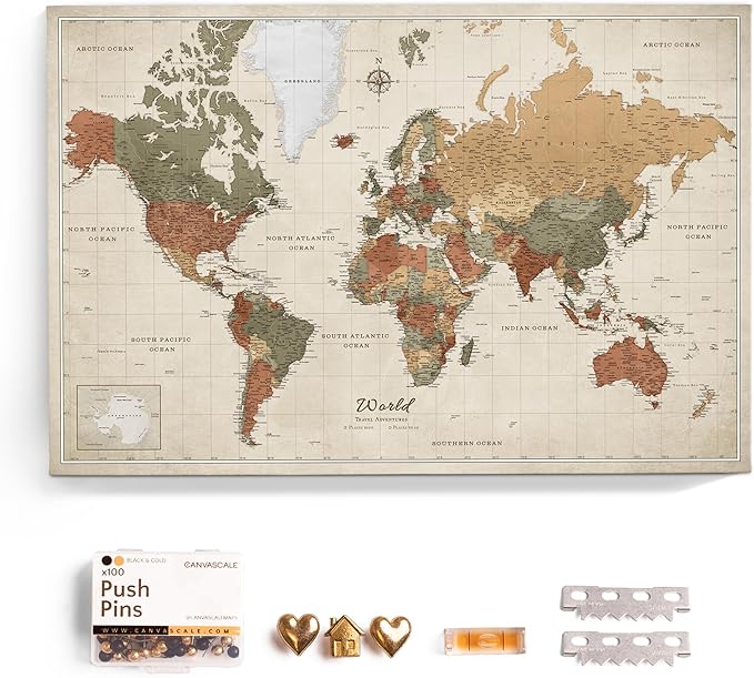 Canvas World Map with Cork Pin Board - English Lettering - Decorative Wall Decoration for All Rooms - Canvas Pictures with World Map Motif (150x100 cm, Pattern 2)