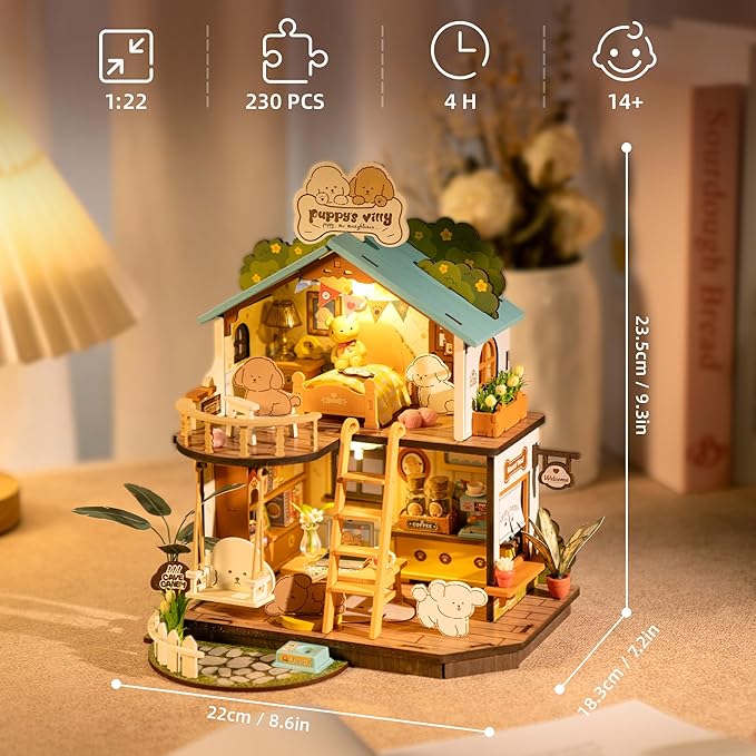ROBOTIME DIY Miniature House Kit, Mini Wooden Dollhouse Diorama Model, Tiny House Building Kits,Birthday Christmas Craft Hobbies Gift for Teens Kids and Friends（Puppy's Cozy Villa）