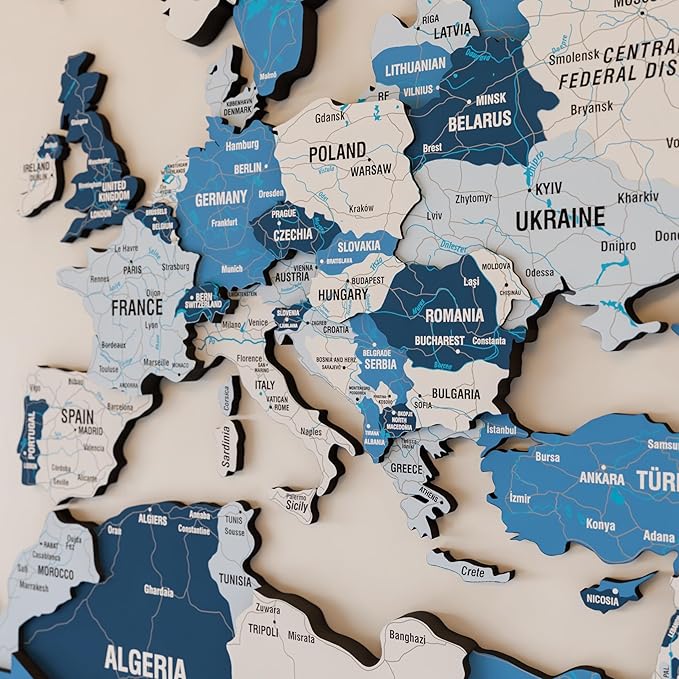 Colorfull Worlds 3D Wooden World Map Wall Art - Premium Multicolored World Travel Map for Wall Decor with Push Pins- Ideal Housewarming Gift & Travel Tracker (Medium, Navy)