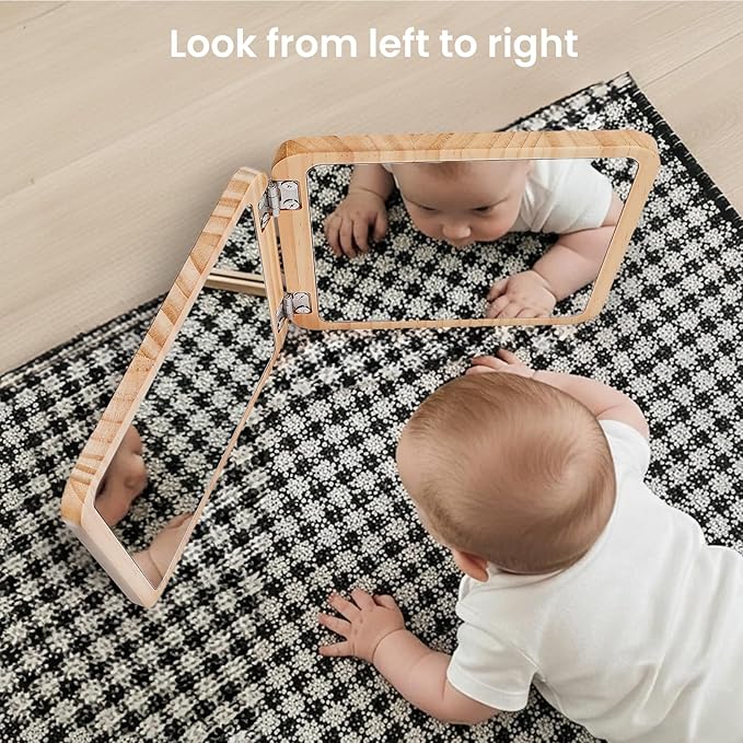 Woodtoe Tummy Time Mirror for Infant, 0-180° Adjustable Baby Mirrors with 15 Black and White Educational Cards, Shatterproof & Portable Baby Safe Mirror Toy, Developmental Baby Gift for 0-6 Months