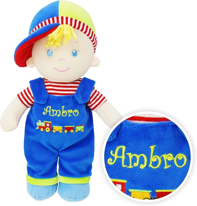 June Garden Personalized Soft Dolly Ben - Stuffed Soft Baby Boy Doll for Birth and Up with Custom Name - Blue Outfit - 13"