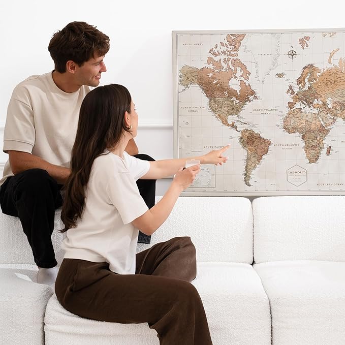 Canvas World Map with Cork Pin Board - English Lettering - Decorative Wall Decoration for All Rooms - Canvas Pictures with World Map Motif (90x60 cm, Pattern 16)