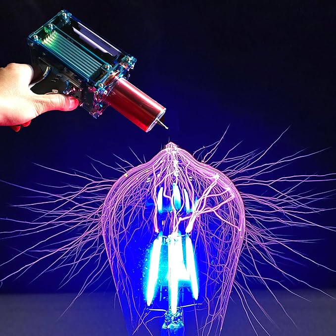 2025 Tesla Coil Handheld Gun,Plasma Coil Desktop Toy Science Education kit Mode Touchable Artificial Lightning Spark Gap Arc Generator Teaching Experiment Tool Teen boy Gifts(Portable Mode of Charger)