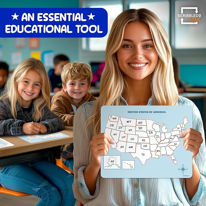 SCRIBBLEDO US Map Practice Sheets 11'x14' Dry Erase Sheets for Homeschool, Classroom Pack of 10