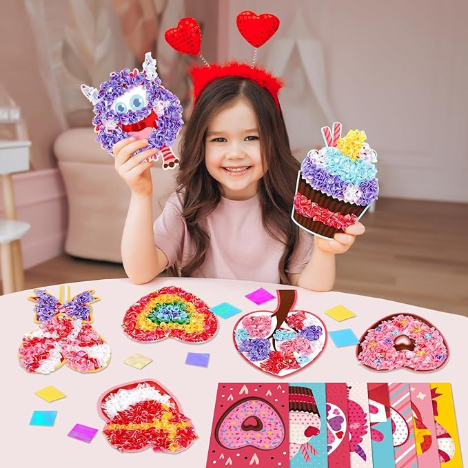 8PCS Poke-in Craft and Art Kit for Kids Heart Monster Dessert No-Mess Fabric Sewing Art Girls Boys 4-12 Puzzle Puncture Painting Toy Gift Mom Valentine Creative Activity Game Birthday Party