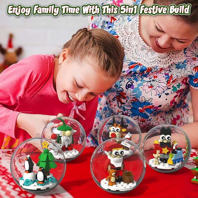 Christmas Tree Ornaments Building Blocks Christmas, 2025 Christmas Decorations Ball Toys Included Santa Reindeer Nutcracker Gnome Penguin, Xmas Ornaments for Indoor Outdoor 5packs