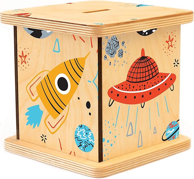 Wooden Piggy Bank for Kids and Adults, Personalized Gift Handmade in USA by BloomOwl, Custom Piggy Bank, Personalized Banks for Kids, Gifts for Baby Boys and Girls (Space)