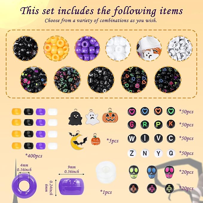 XIANNVXI 10Colours Halloween Pony Letter Beads Set Friendship Bracelet Making Kit 640pcs Orange Purple White Letter Pony Beads Bulk