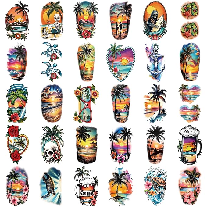 48 Sheets Full Arm Temporary Tattoos for Adults - Waterproof Tropical Summer Beach Party Fake Tattoo Stickers - Hawaiian Floral Palm Sunset Designs for Women Men