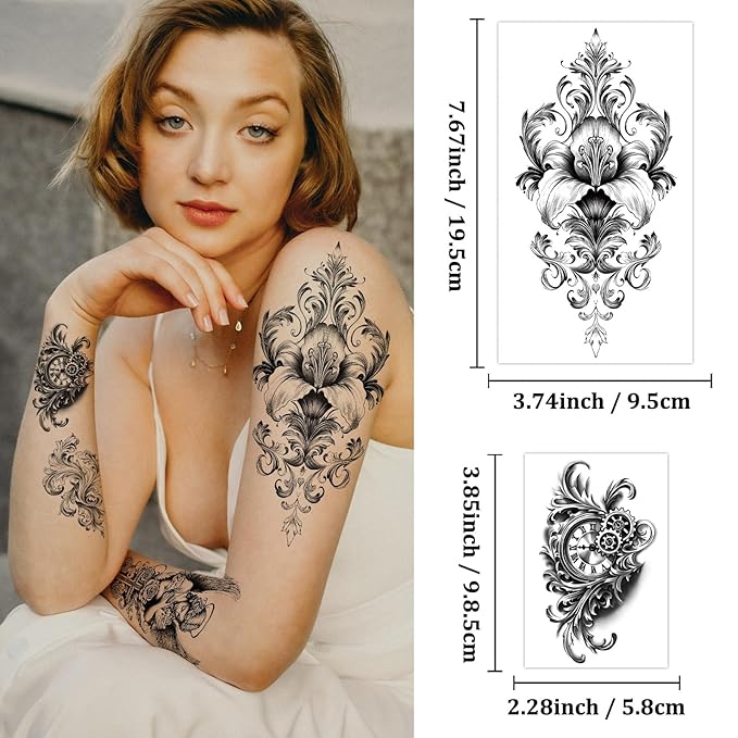 Temporary Tattoos for Adults, 47 Sheets Baroque Religious Flower Skull Designs Fake Tattoos, 17 Half Arm tat and 30 Small temp Tattoos