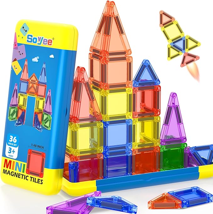 Mini Magnetic Tiles Travel Toddler Toys with Metal Tin Portable STEM Building Kids Toys for 3 4 5 6 7 8+ Years Old Boys & Girls & Birthday Gifts