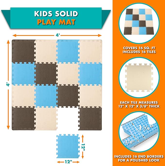 ProSource Foam Puzzle Floor Play Mat for Kids and Babies with Solid Colors, 36 or 16 Interlocking Tiles with Borders, Blue/Brown/Beige