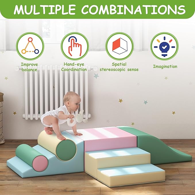 Betterhood Toddler Climbing Toys Indoor, 2 PCS Climb and Crawl Activity Playset for Toddlers 20" L x 20" W x 10" H, Colorful Climbing Blocks Structure for Indoor Active Play Blue/Green
