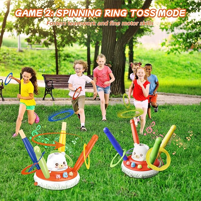 Sports Outdoors Play Set Toys - 5 in 1 Musical Jump Ring Toss Game Stomping Launch Rocket Launcher Basketball Throw for Kids - Indoor Outside Obstacle Avoidance Gifts for Toddlers Ages 4-8 8-13