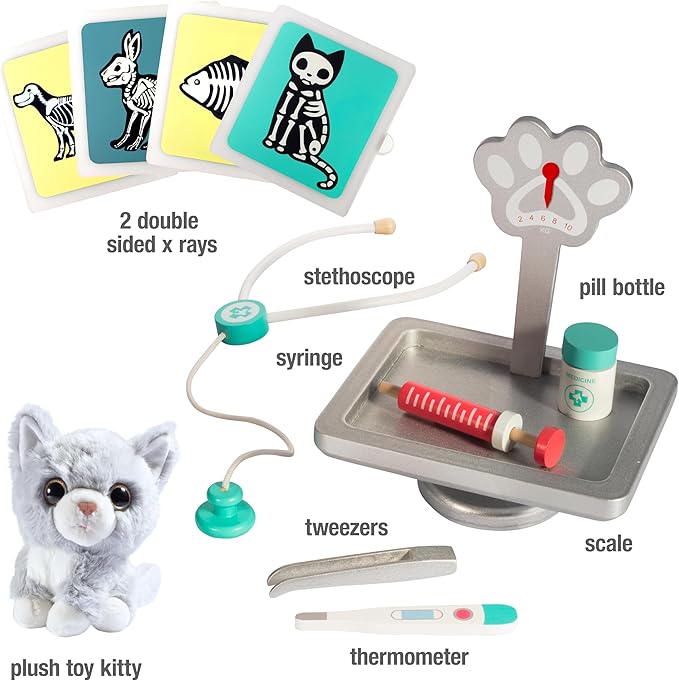 Vet Center Pretend Pet Hospital Playset- Wooden Animal Interactive Medical Checkup Set with Toy Cat, X-Ray Cards Stethoscope & Veterinarian Medical Accessories, Fun Doctor Role Play Xmas Gift for Kids