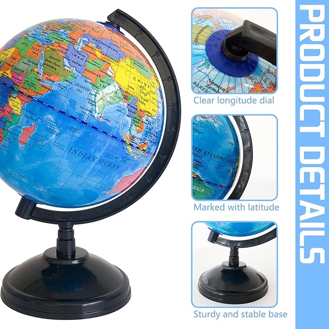6'' Geographic World Globe for Kids,Educational World Globe with Stand,Decorative Rotating World Map Globes Decor,Political Globe for Classroom Geography Teaching,Kids Room