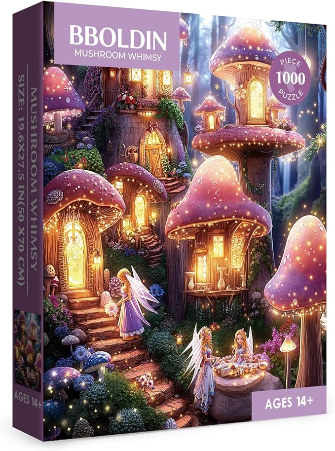 Mushroom Forest Fantasy Puzzle 1000 Pieces for Adults, Magic Fairy House Nature Jigsaw Puzzle, Plant Fungi Elf Puzzles