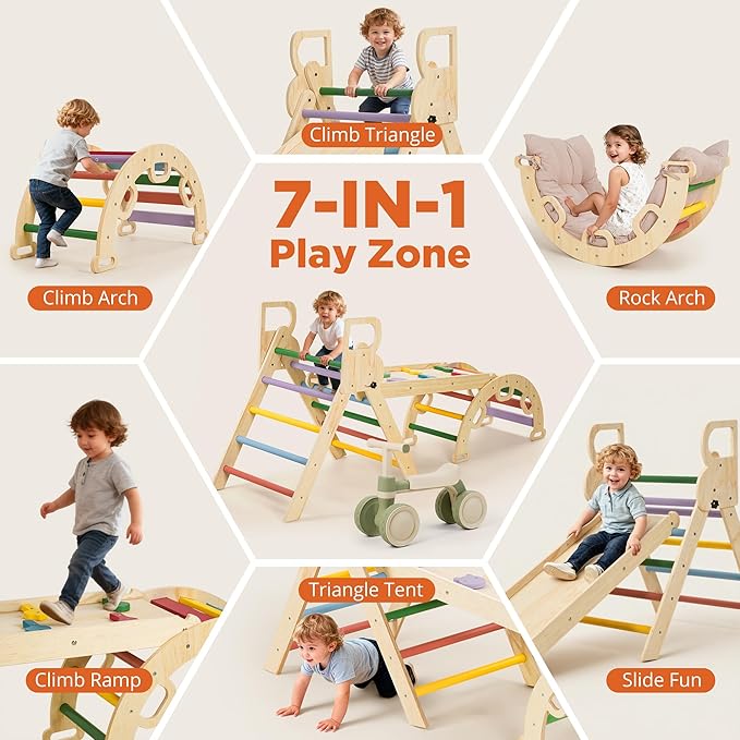 HEIGHT 9-in-1 Pikler Triangle Climber Set with Balance Car & Play Mat – Foldable Wooden Montessori Baby Climbing Toys with Slide, Arch & Ramp, Indoor Jungle Gym for Toddlers