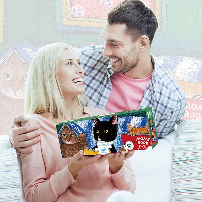 MOMIBOOK Puzzles for Adults 1000 Pieces Jigsaw Puzzles of Cat Book Club, Painting Image Animal Difficult Challenging Hard Impossible Puzzle Unique Funny Party Christmas Birthday Gifts