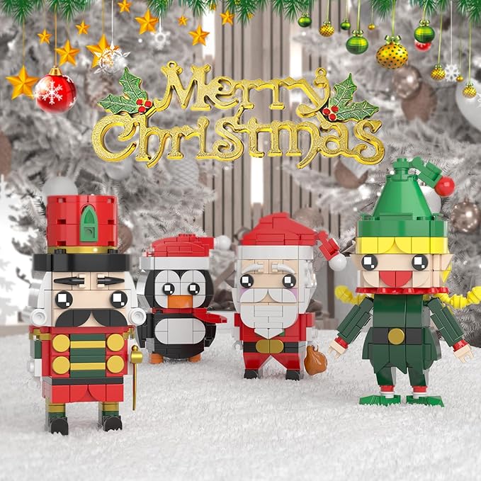 Christmas Building Blocks Santa Claus Nutcracker Elf Penguin Kit for Kids, Xmas Ornaments Bricks Set Figures Toy Gifts for Party Favors Goodie Bags Stuffers for Boys Girls 6 up