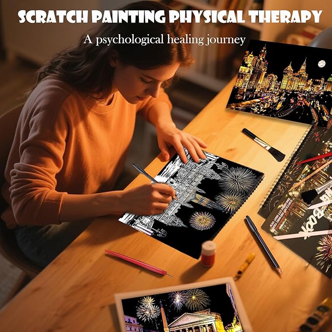Scratch Art Book for Adults - 12PCS Scratch Painting Foil Art for Adults Scratch City Series Books Foil Engraving Scratch Art Adult Set with 6 Tools