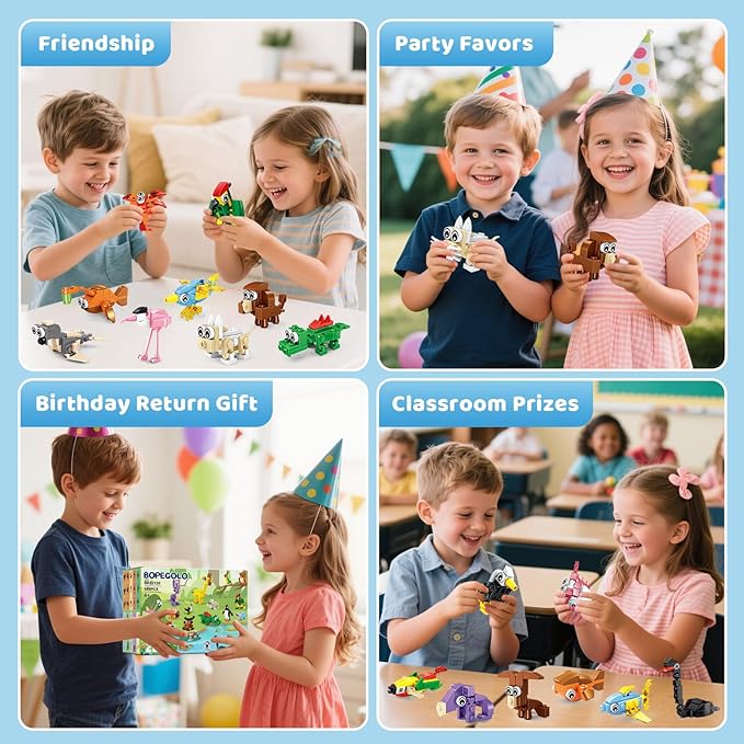 22 Pack Party Favors for Kids – 3-in-1 Animal Building Block Toys, Featuring 66 Designs, Goodie Bag Stuffers, Classroom Rewards, Birthday for Kids Ages 6-12
