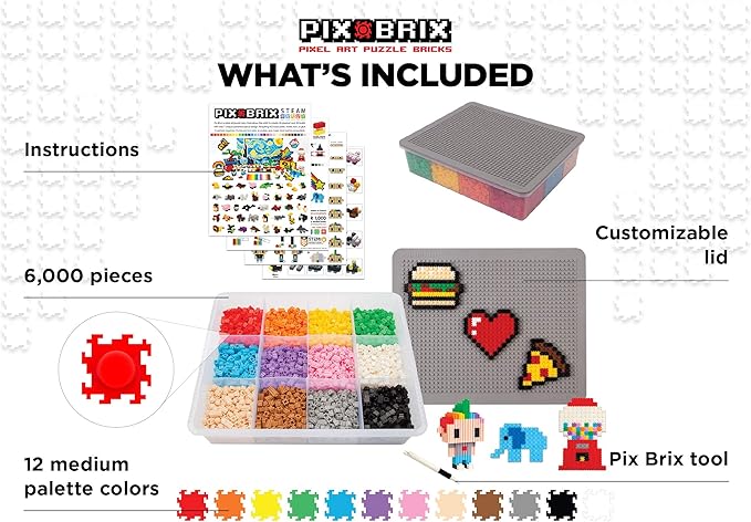 Pix Brix Pixel Art kit Puzzle Bricks - 6,000 Piece Pixel Art Container, 12 Color Medium Palette - Interlocking Building Bricks, Create 2D and 3D Builds Without Water or Glue - Stem Toys, Ages 6 Plus